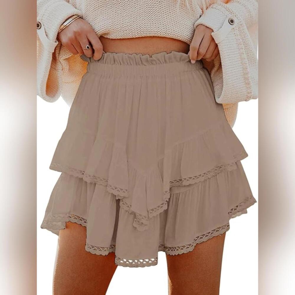 Tiered Ruffle Skort with Lace Trim - Beige